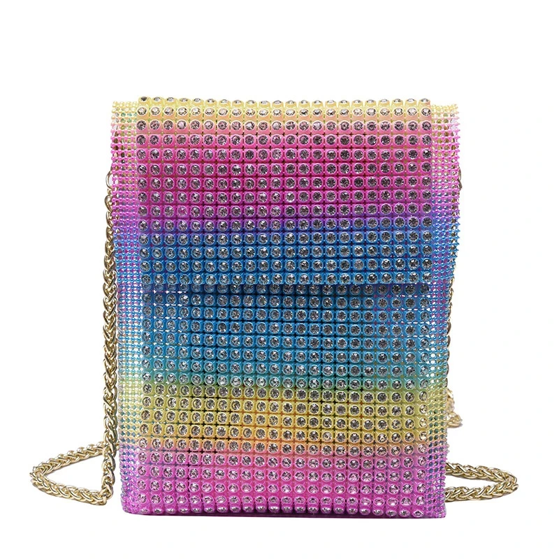 

2021 Phone Money Key Small Clutch Rhinestones Cover Chain Shoulder Evening Bags Rainbow Color Party Handbags, 3 colors