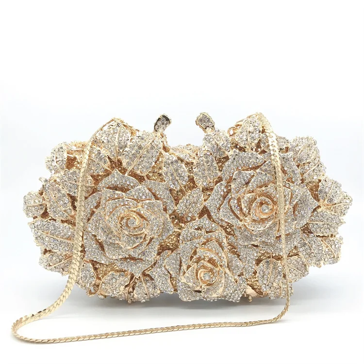 

Rose Diamond Metal Hard Box Women Luxury Evening Bag Clutch Purse And Handbag Crystal Evening Bag, 2 colors