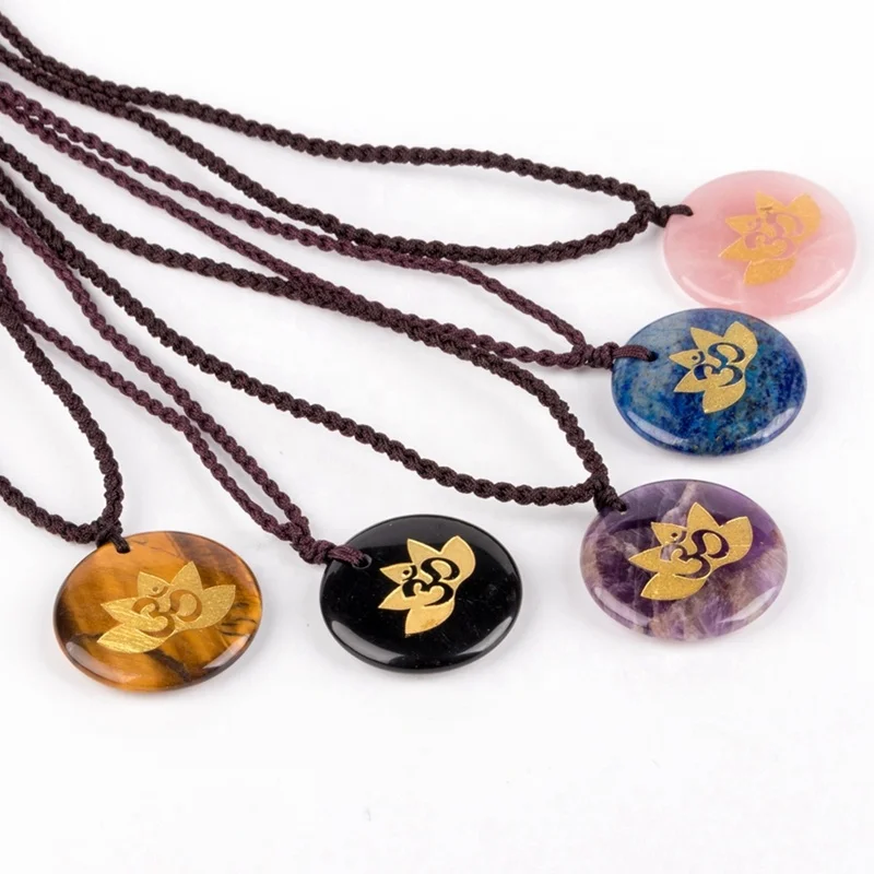 

Natural Crystal Stone Chakra Sanskrit Rune Reiki Jewelry Engrave Yoga Lotus Chakra Pendant Men's And Women's Charm Necklace