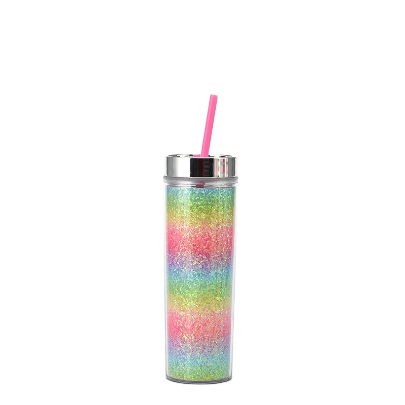 

16oz plastic double wall gradient glitter skinny tumbler BPA free acrylic tumbler new design colorful, Picture