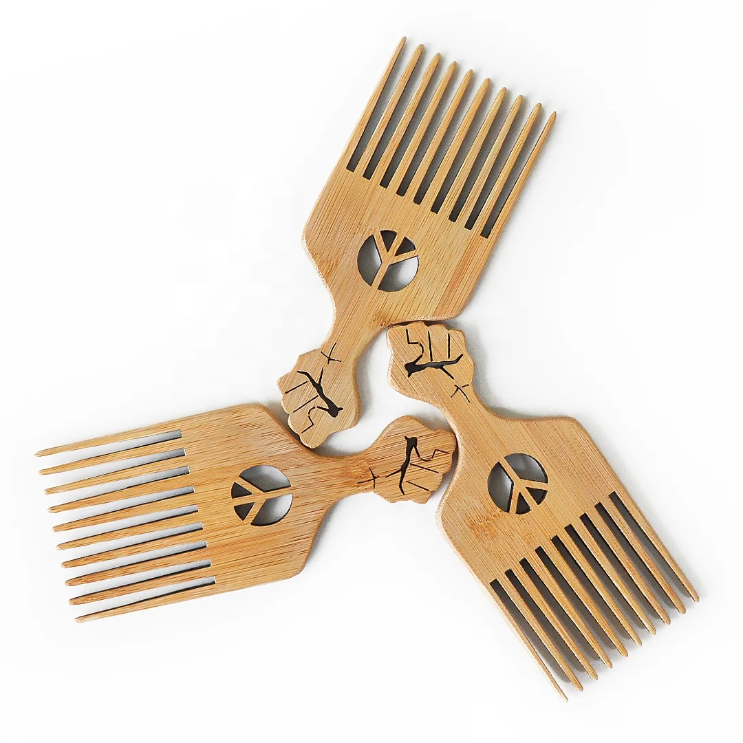 

Wholesale Customized Logo Biodegradable Bamboo Afro Hair Pick Comb