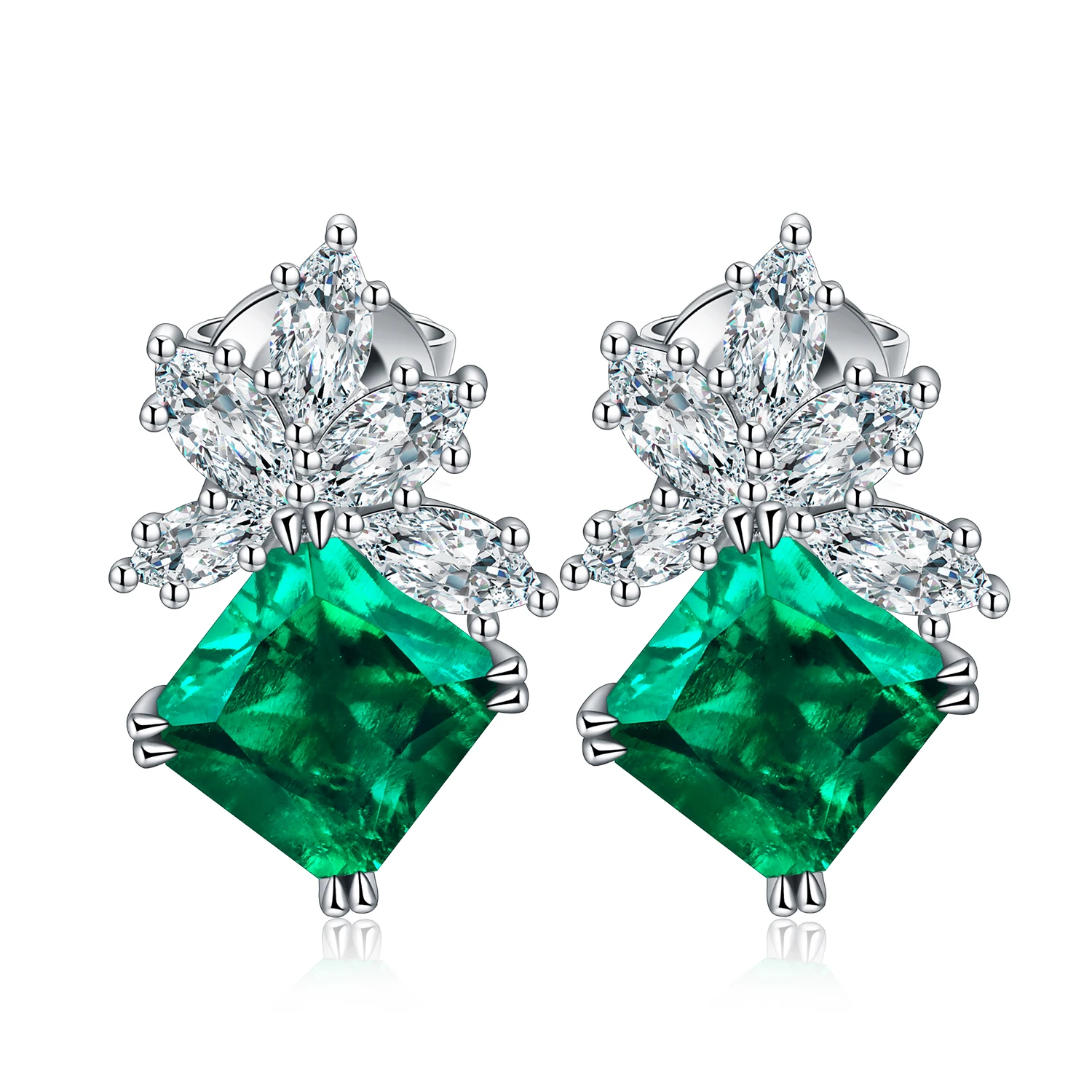

2.5ct Asscher Cut Lab Grown Emerald 925 Sterling Silver Earrings Stud, Green
