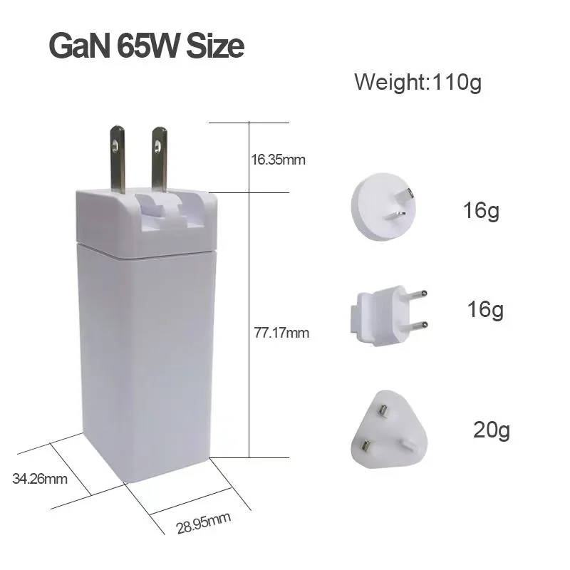 

GaN 65W Dual PD Type-C Wall Charger Quick Charging QC 3.0 USB C Fast USB Universal Charger with US UK EU AU Plug Adapter