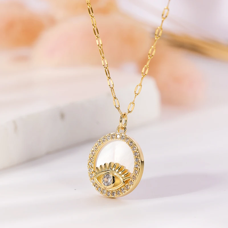 

HOVANCI INS Stainless Steel White Shell Snake Necklace 18K Gold Plated Oval Evil Eyes Shell Pendant Necklace