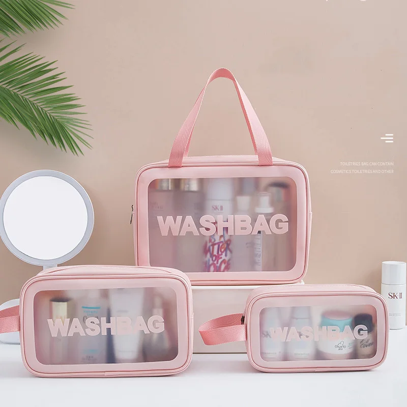 

Custom logo Women PU transparent cosmetic bag large capacity makeup wash bag waterproof bath bag with low MOQ