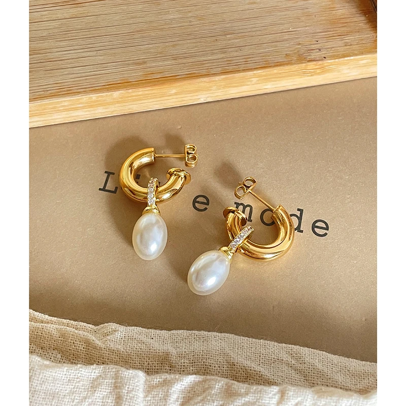 Detachable Stainless Steel C Shape Chunky Circle Pearl Earrings Zircon Non Tarnish Hoop Earrings Women Vintage Modern Jewelry