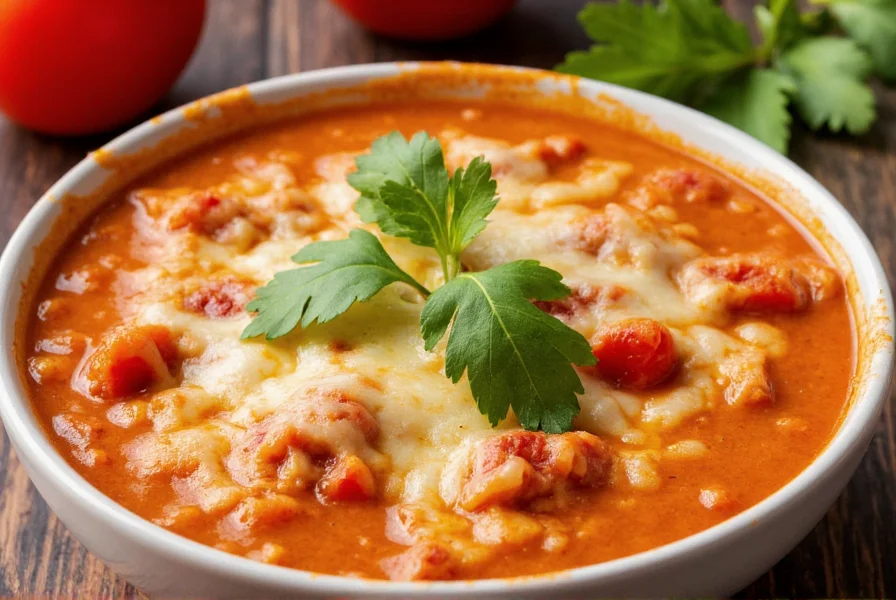 Bowl of creamy stuffed pepper soup with melted cheese topping and fresh parsley