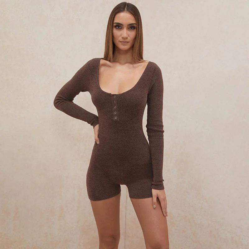 

Hot-selling Solid Color Elegant Ladies Winter Catsuit Shorts Knitted Cotton Brown Bodysuit Jumpsuit For Women#0453