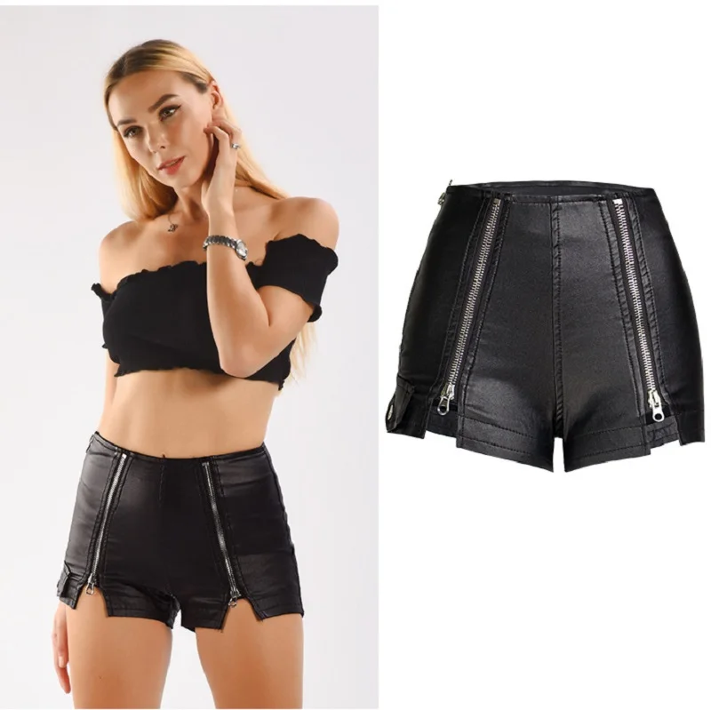 

2021 new arrivals High waist stretch stitching multi-zip faux leather female shorts sexy black PU leather shorts
