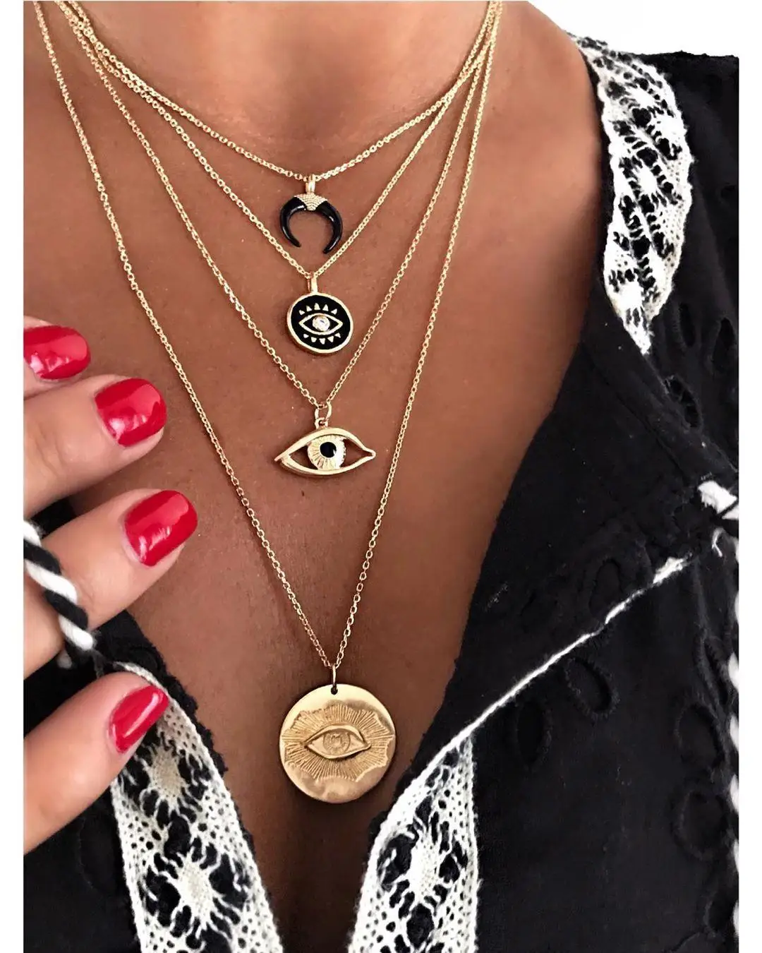 

Luxury Multi Layers Diamond Moon Necklace 4Pcs/Set Bohemia Stainless Steel Turkish Evil Eyes Pendant Necklace Jewelry For Women