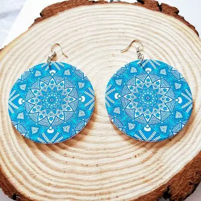 

Newest Round Printed Multi Angles Flowers Exaggerated Wooden Earrings Statement Blue Geometry Bohemian Wood Hoop Earrings