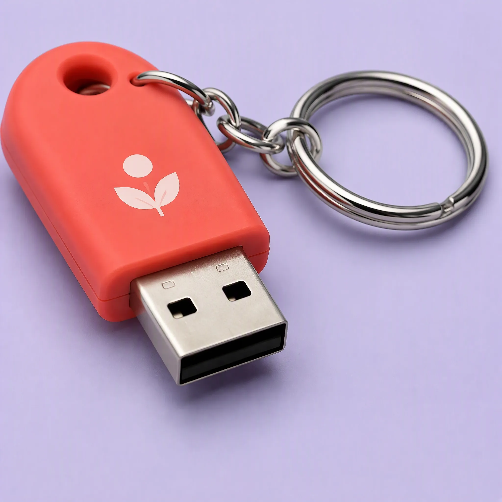 3/4 Perspective of Silicone Capsule USB Drive Showing Metal Interface and Keyring Attachment