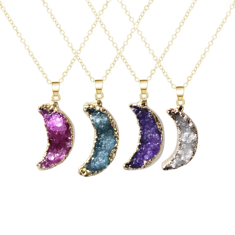 

DIY Natural Crystal Stone Druzy Moon Pendant Necklace Gemstone Jewelry Accessories