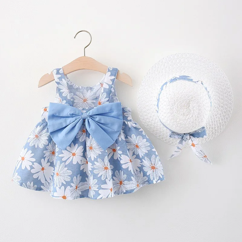 

2021 Summer new style small chrysanthemum big bow straw hat skirt cotton soft sleeveless kids girl dress