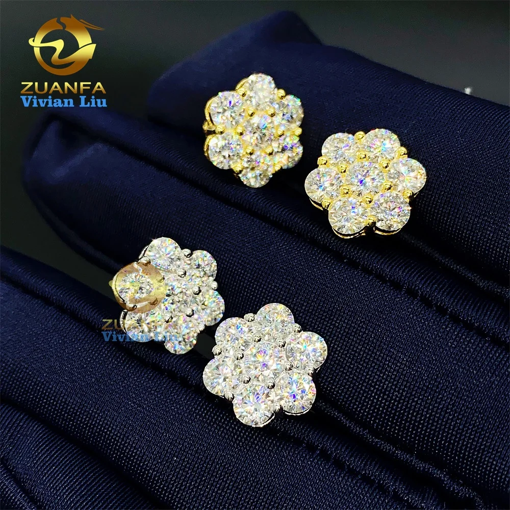 

12MM flower earrings fashion jewelry wholesale price 18k gold plated 925 sterling silver high quality vvs moissanite diamond stu