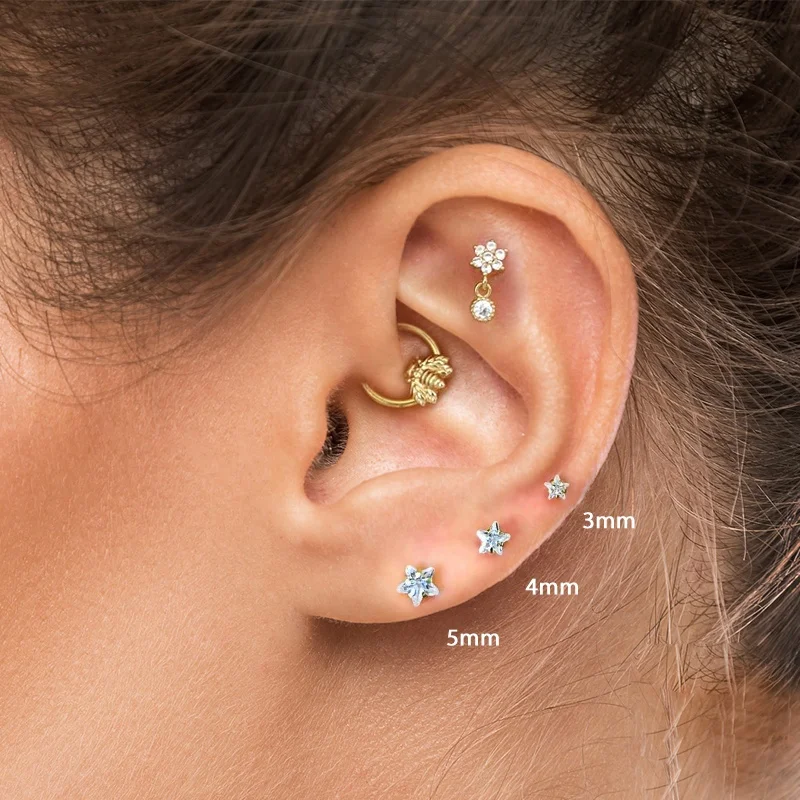 

Small Star Crystals Cubic Zircon Stud Earrings For Women Silver 925 Ear Bone Piercing Earring Jewelry Trendy Lady, Gold and silver