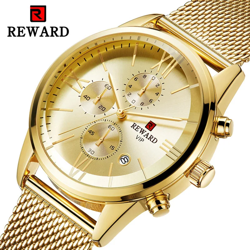 

REWARD RD82006M Men's Business Watch Golden Waterproof Full Steel Mesh Chronograph Wrist Watches Men Fashion Quartz Wristwatch