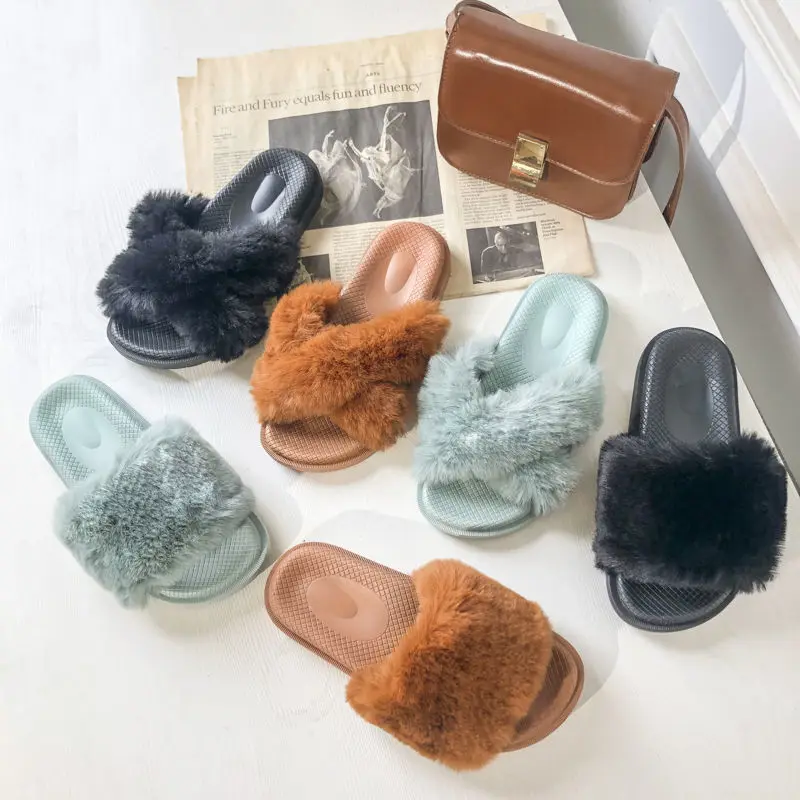

New Winter Warm Fuzzy Indoor Outdoor Home Fur Slides faux fur shoes flat plush slippers for women, Blue, brown, black