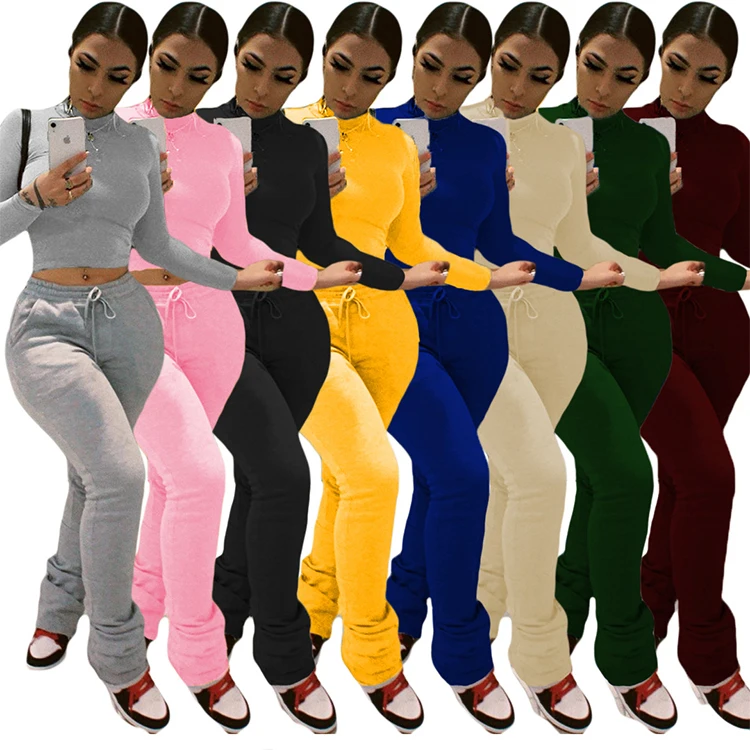 

Customized 3XL 2 Piece Set High Neck Solid Drawstring Cropped Sweatshirt Outfits Stacked Joggers Sweatpants Women