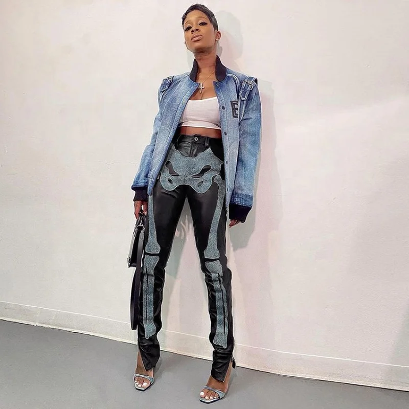 

OUDINA Street Style High Waist Skinny Denim Casual Trousers Black PU Leather Pant Women's Leather Pants