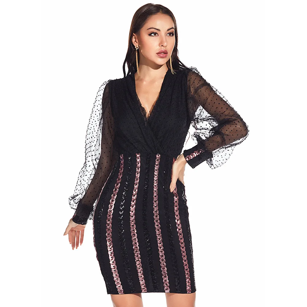 

Sexy Puff Mesh Long Sleeve Elegant Sequined Chiffon Embroidered Short Women Evening Dress, Picure