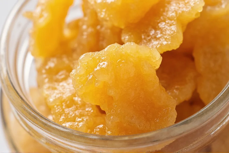 Close-up of homemade ginger honey crystals showing translucent honey encasing thin ginger slices in a glass jar