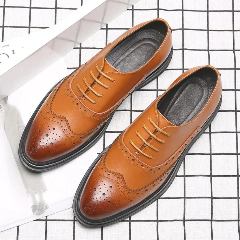 

2021 spring new products gradient color men's leather shoes casual artificial leather low-heel elastic band non-slip breathable, Brown black