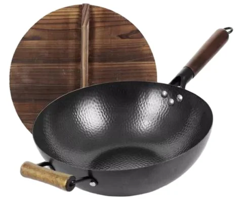 

Traditional Chinese Hand made Carbon Steel Wok Non Stick Pan with Wood Lid and 2 handles for Electric, Induction and Gas Stoves