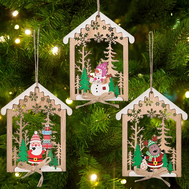 

Free Shipping Christmas Ornament Wooden Hanging Pendants Star Xmas Tree Bell Christmas Decorations For Home Party New Year