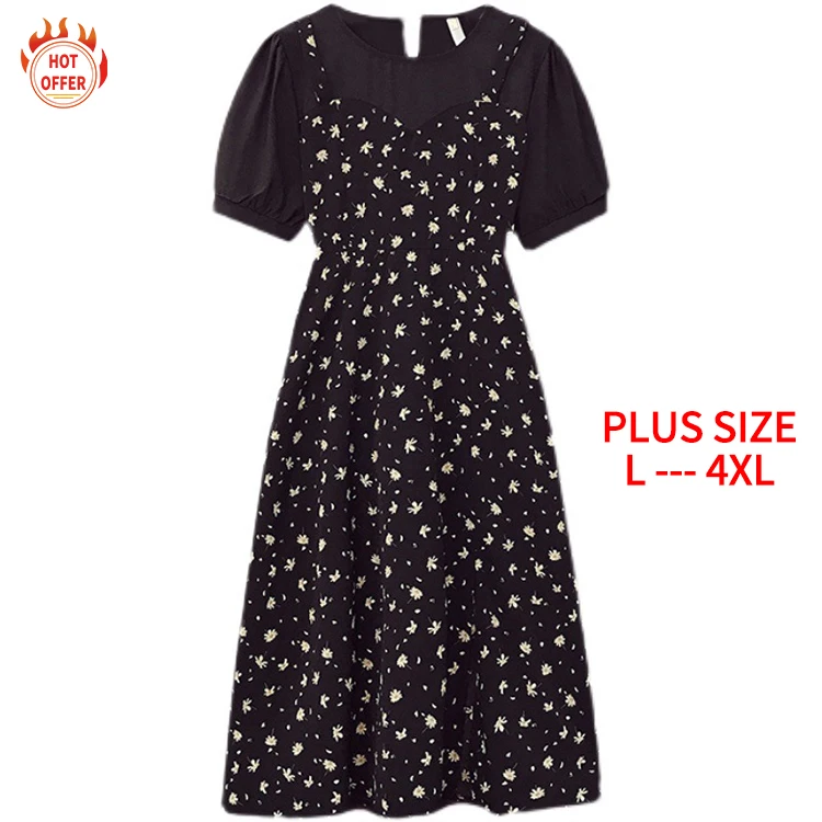 

Fashion Round Neck Short Sleeve Stylish Sexy Elegant Chiffon Floral Midi Woman's Summer Casual Plus Size Dress, Black
