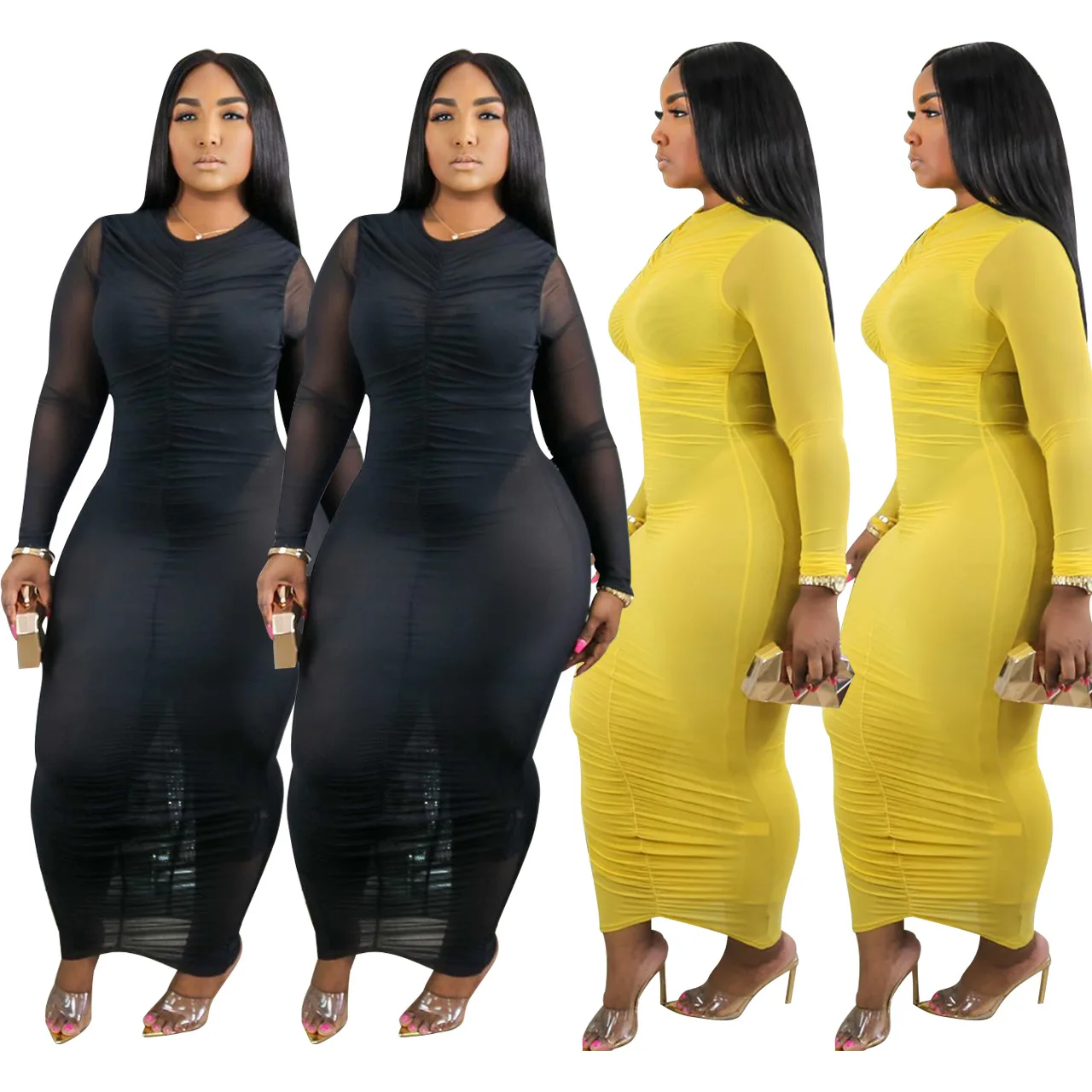 

C176 2020 fall fashion Dresses Bodycon long Sleeve Pleated Dress Evening Party Lady Elegant Sexy Clothes stacked DressesWomen