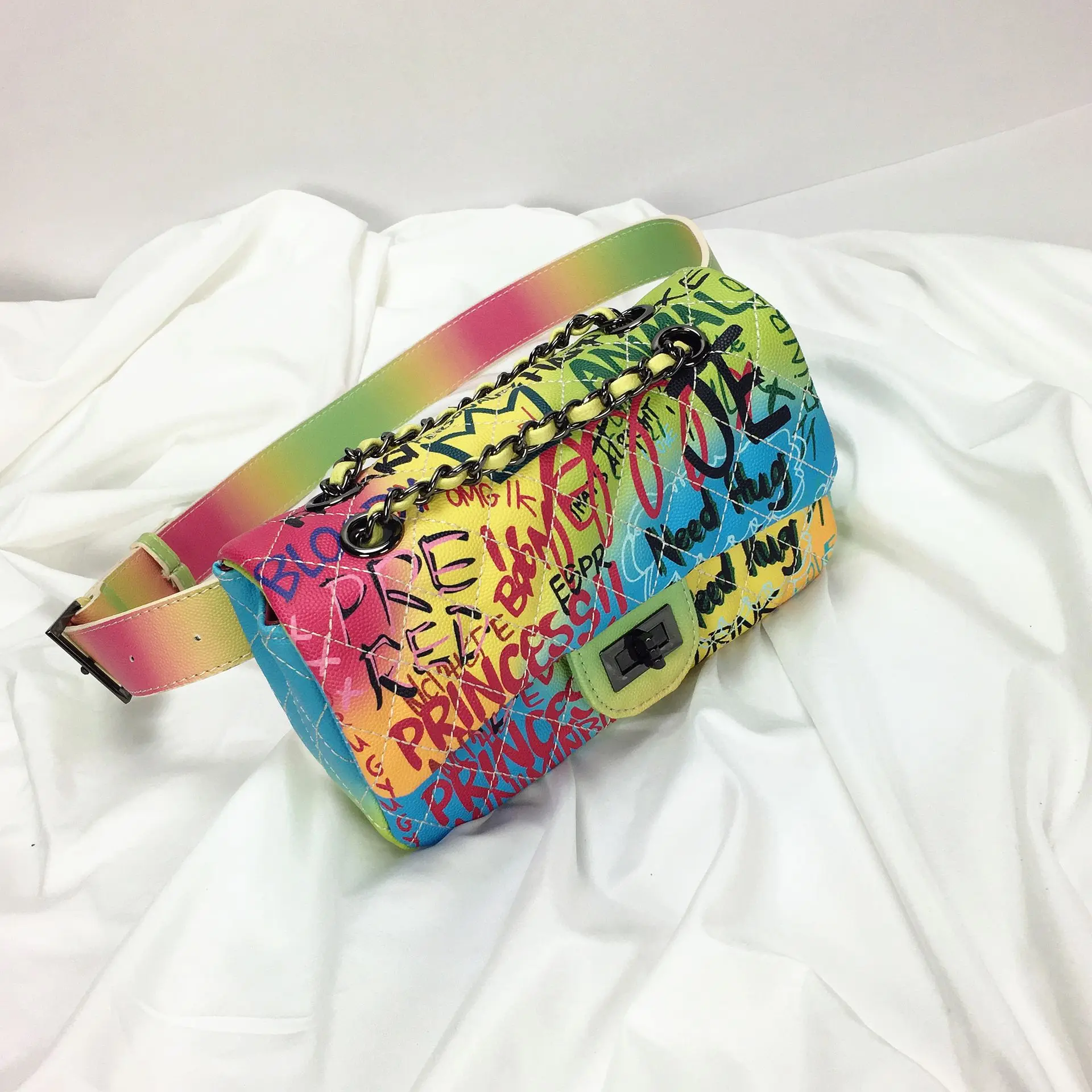 

Hot Sale Women PU Leather Handbag Waist Bag Colorful Graffiti Jelly Bags