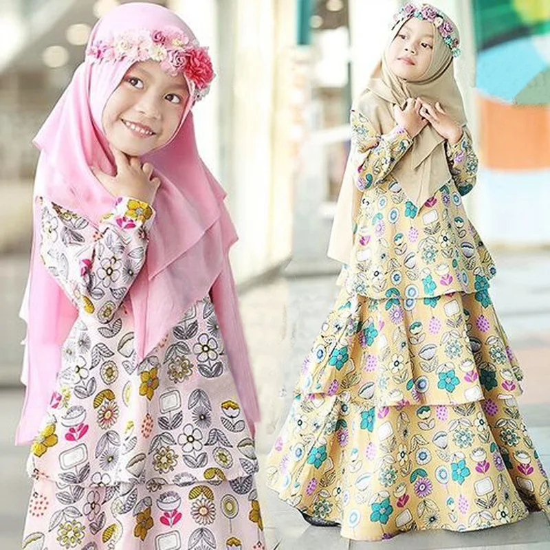 

Wholesale Toddler 2020 Girls Floral Muslim Dress With Hijabs And Dress Prayer Clothing Islamic Abaya, Pink/beige