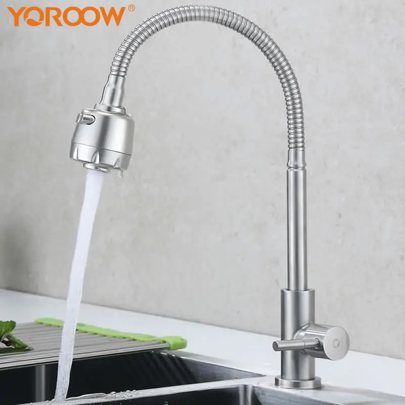 

Factory Price 304 Stainless Steel Brushed Nickel Kitchen Faucet Single Handle Cold Water Flexible Hose Faucet for Kitchen