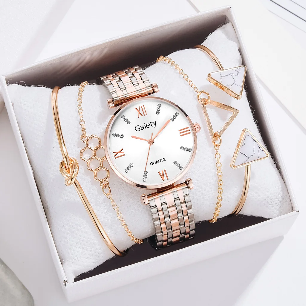 

6PCS Set with box Watch Women wrist Luxury box Crystal Diamond Rose Gold Ladies Wrist Watches Bracelet Female Clock Gift
