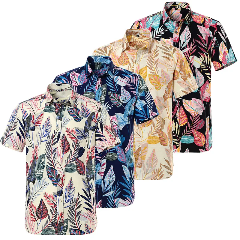 

New Fashion Design Bright Colorful Tropical Florals Summer Plain Printed Short Sleeve Men Hawaiian Beach Shirts