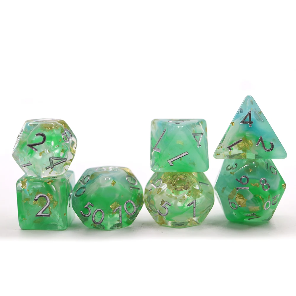 

Custom Wholesale Bulk 7pcs Set Dnd Dice Soft Edge Transparent Resin green swirled dice