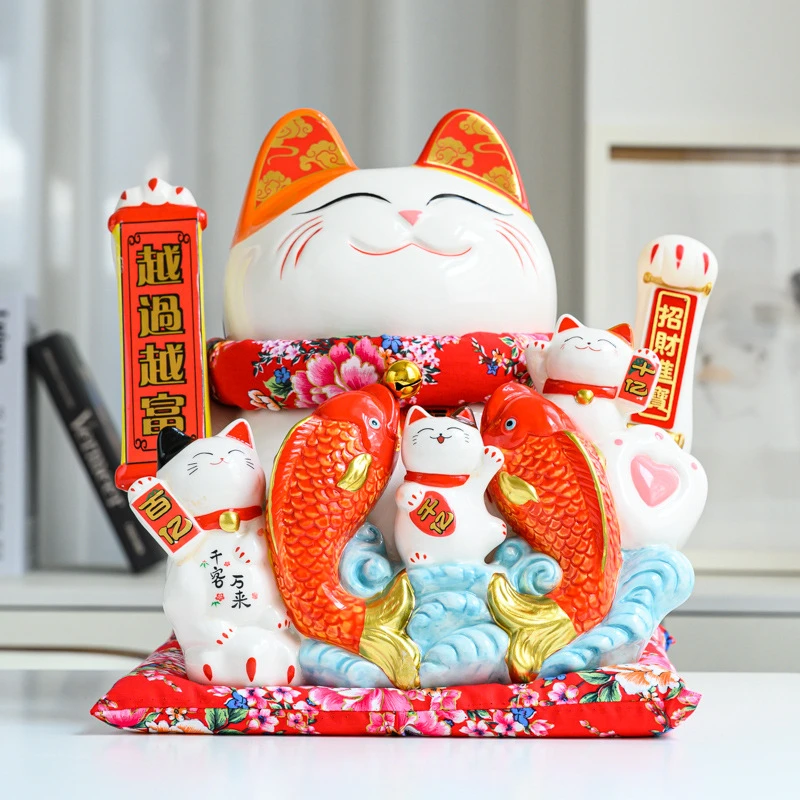 

Large 15 inch automatic hand waving electric ceramic lucky cat for office table home decoration accessories shop opening gifts