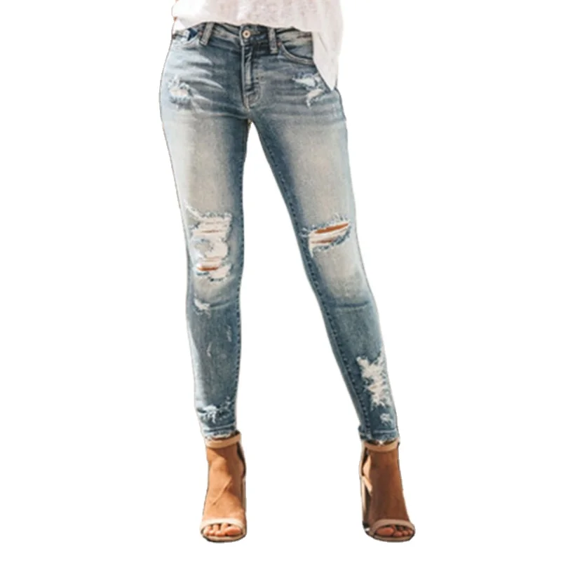 

Trendy Mid Rise Distressed Ripped Skinny Fitted Denim Jeans for Women Distressed Ripped Hole Hem Slim Fit Denim Jeans