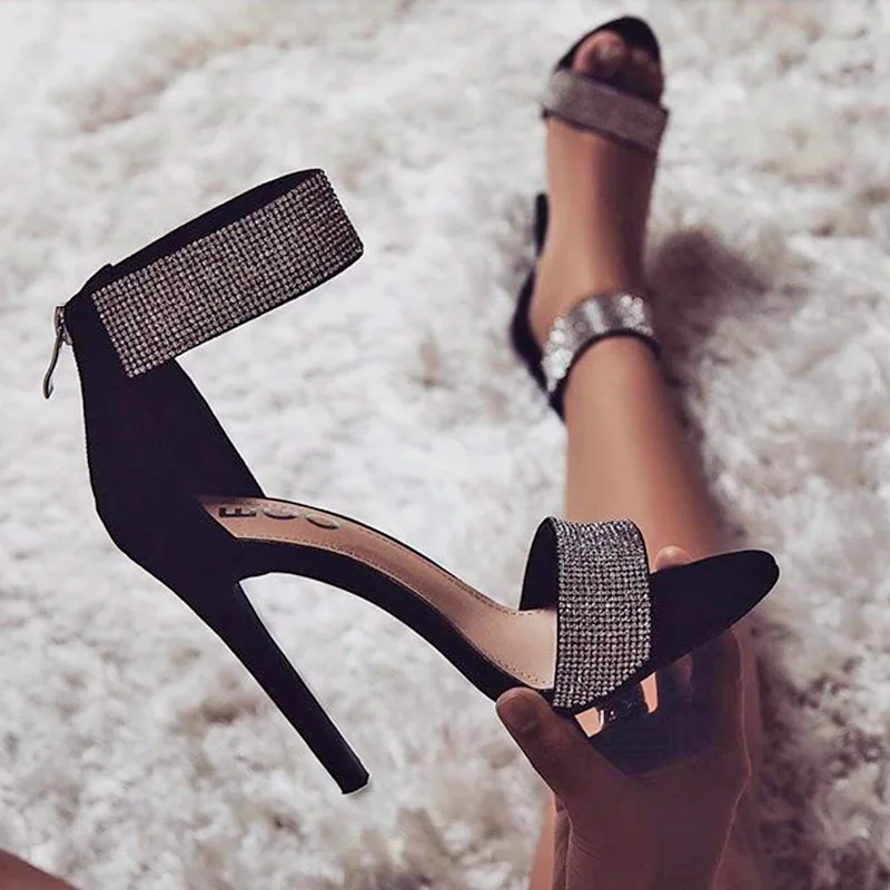 

Party Wear Diamond Rhinestone Strap Mule High Heels Sandals Shoes Open Toe Women Stiletto Pump