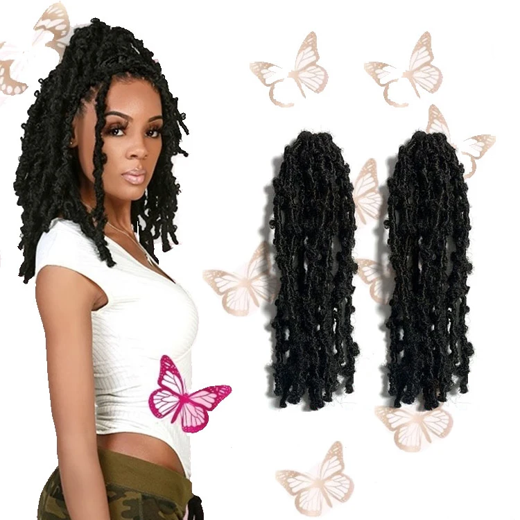 

Butterfly Locs Crochet Hair Pre Looped Butterfly Faux Locs Braiding Hair Extensions Synthetic Fiber Water Passion Twist Hair, Black