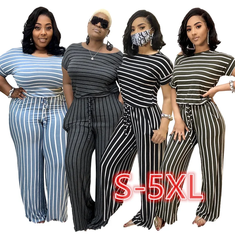 

2020 plus size jumpsuit romperss woman Striped printed knitted stretch style plus size women jumpsuit