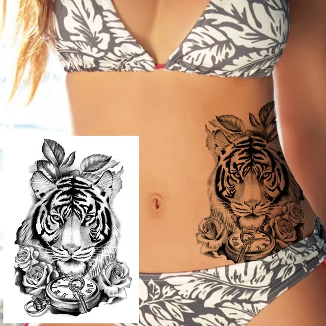 

Adult Ferocious Lion Tiger Temporary Tattoo For Men Women Sword Compass Flower Tattoos Sticker Black Transferable Tattoo