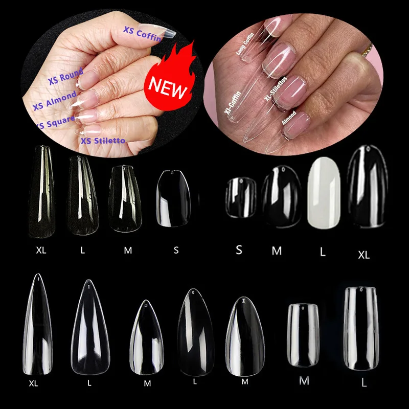 

New Coming Medium XL Coffin Almond Tapered Gel-Nail X Customize Logo Stiletto French Full Cover Nail Tips With White Box Packing