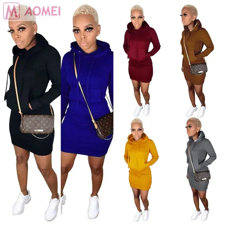 F3023 best price 6 solid colors fall pockets long sleeve hooded comfortable short hoodie dress Fashion Casual Dresses Women Lady