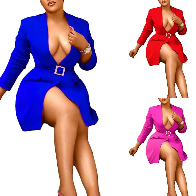 

Spring Workout Dresses 2022 Hot Sale Fashion Suit Casual Dress Long Sleeve V Neck Waist Wrap Belt Buckle Pink Blazer Dress, Photo color