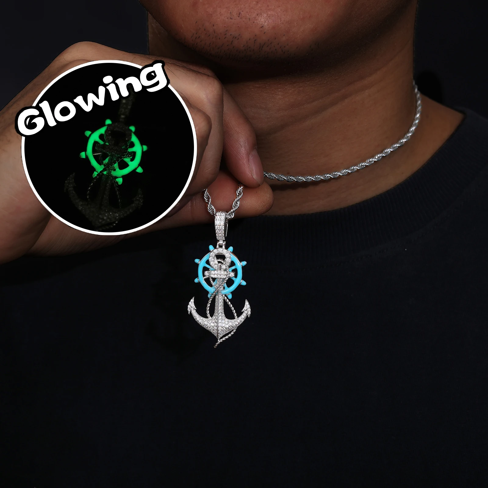 

Glow In The Dark Series Iced Out Moissanite Rudder Anchor Pendant 925 Sterling Silver Lab Diamond Charm Necklace