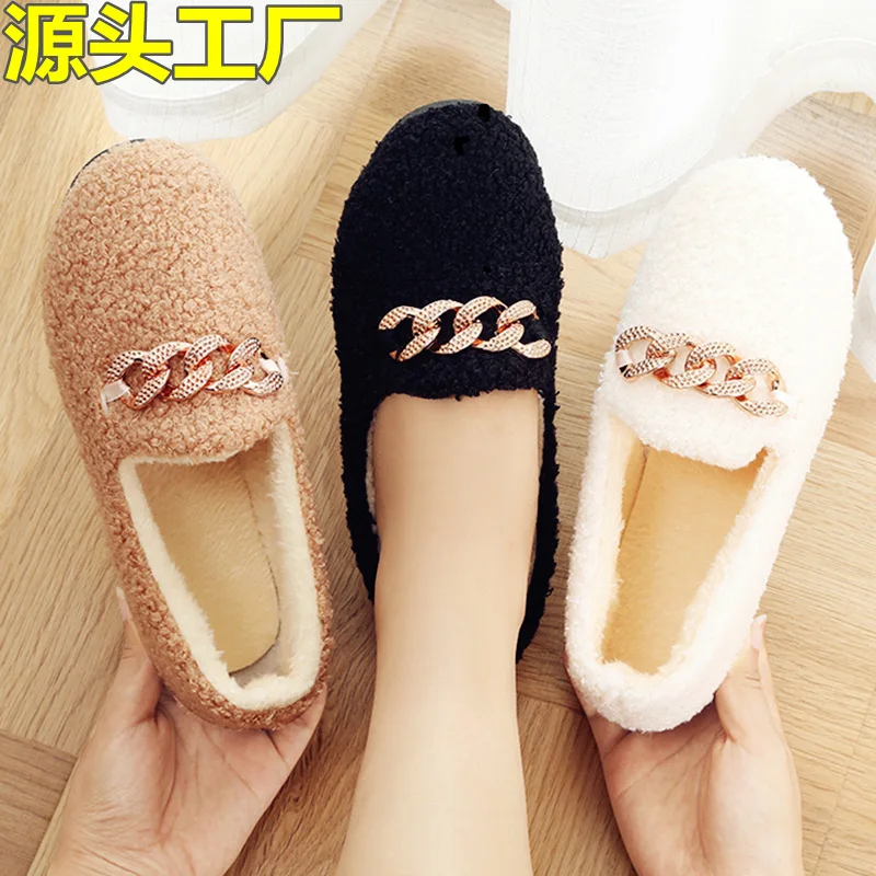 

Fall/winter outdoor home indoor fur-wrapped cotton shoes non-slip and warm women's peas shoes, Black white coffee