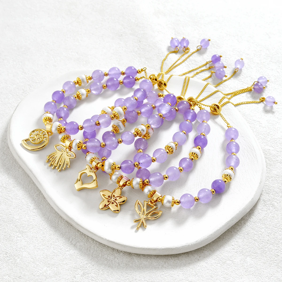 

Hawaii samoan Lavender purple 14k gold plating charms natural stone beads bracelet women