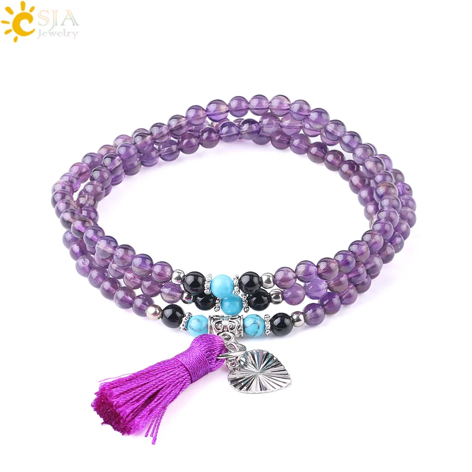 

CSJA bohemia pink crystal amethyst stretch multi-layer 4mm stone bead women bracelet with tassel charm wholesale F567